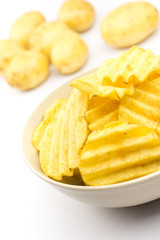 Potato chips on white background..