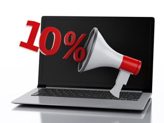 3d Laptop and Megaphone. Discount concept.