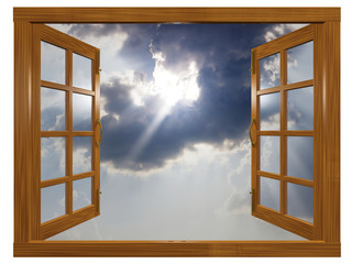 Sunburst Cloudscape through Open Wood Window