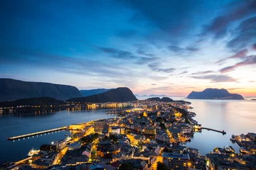 Kussenhoes Top view of the city of Alesund at sunset . Norway © oleg_mj