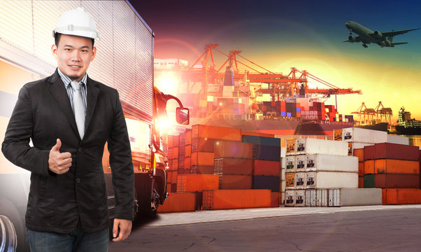 business man and comercial ship with container on port use for i