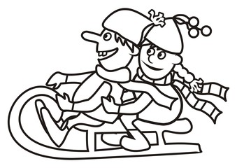 children and sleigh, coloring book, vectr illustration