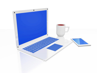 Laptop Coffee Mug and Smart phone Isolated on White