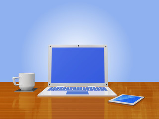 Laptop Coffee Mug Smart phone on Wood