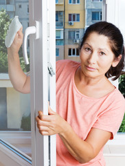 Asian woman cleaning a window with  cloth at home