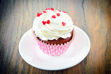 Cake with Cream, Cupcake on Woody Background