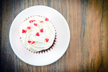 Cake with Cream, Cupcake on Woody Background