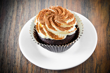 Cake with Cream, Cupcake on Woody Background