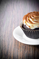 Cake with Cream, Cupcake on Woody Background