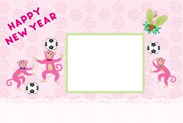 申年の可愛いピンクの猿とサッカーボールのイラスト年賀状フォトフレーム
