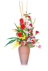 artificial flowers arrangement in vase isolated on white backgro