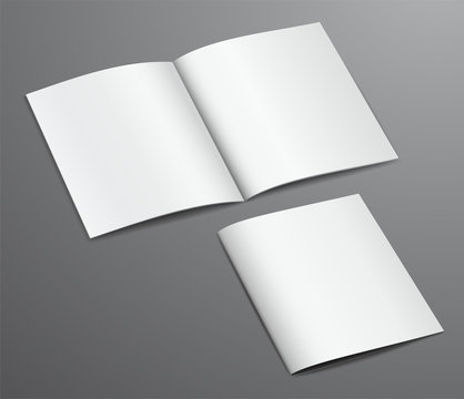 Blank white closed and open brochure magazine, isolated on dark