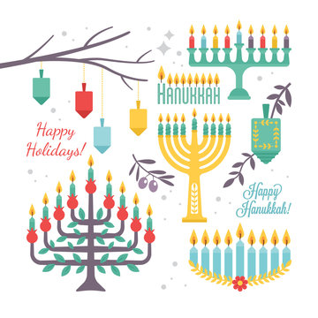 Hanukkah holiday flat decorative elements for design. Vector ill