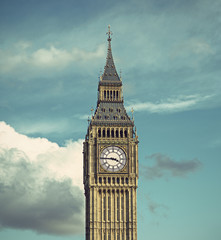 Palace of Westminster (Houses of Parliament) Elizabeth Tower (Big Ben clock tower), vintage style, London, United Kingdom
