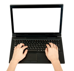 Fototapeta na wymiar Humans hand working on laptop, top view