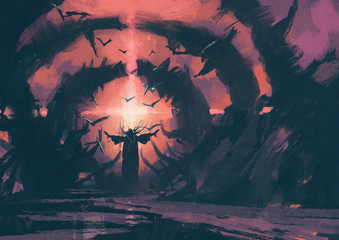 An old wizard casting a spell in the wizarding lair © grandfailure