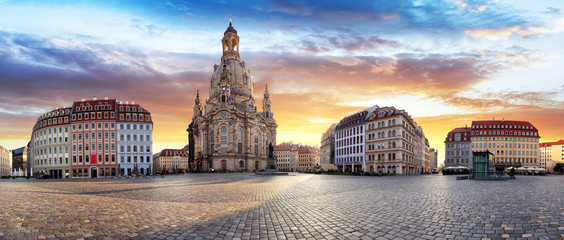 Panorama of Dresden at sunrise, Frauenkirche - obrazy, fototapety, plakaty