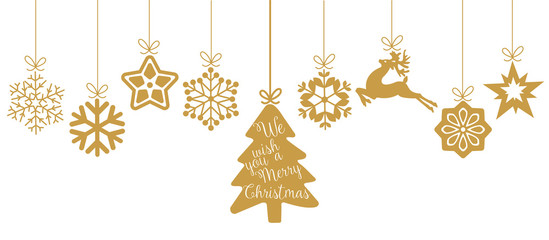 Merry Christmas. Christmas elements hanging line gold isolated background. - 93745574
