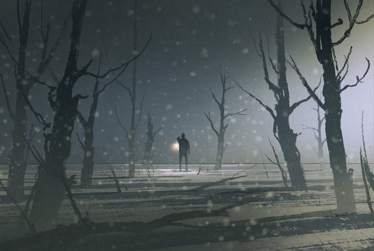 man holding lantern stands in dark forest with fog,illustration painting