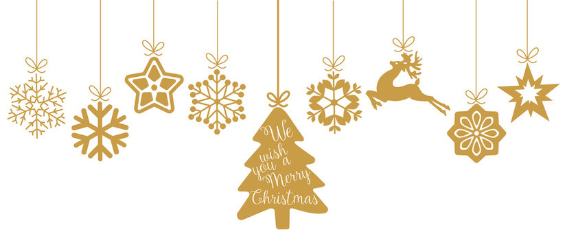 Merry Christmas. Christmas elements hanging line gold isolated background.