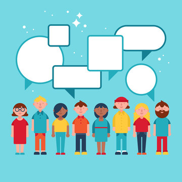 Group of people with business sign or speech bubbles. Flat styli