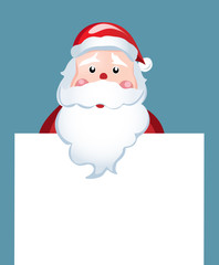 Cartoon Santa Claus with empty, white signboard and copy space.