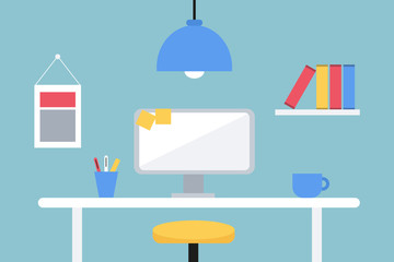 Flat design illustration of working place. Flat design room interior.
