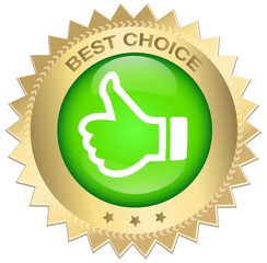 Best choice seal or icon with red banner and thumbs up symbol. Glossy golden seal or button with stars..