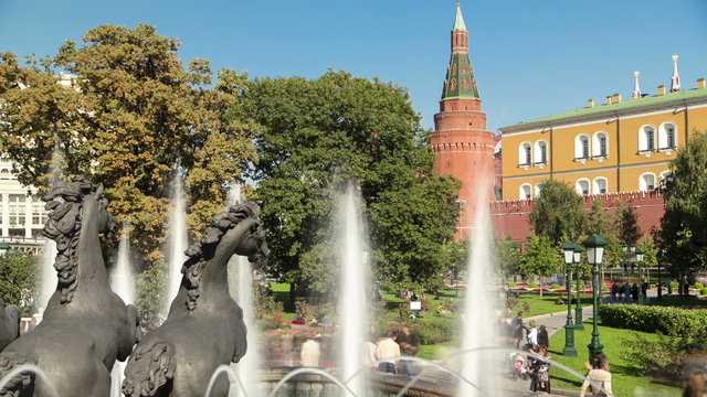 Back side of Fountain Four Seasons on Manezh Square in Moscow