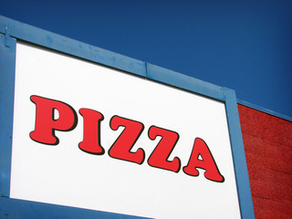 red white and blue pizza sign