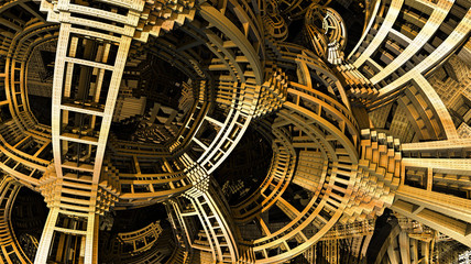 Abstract background, fantastic 3D gold structures, fractal design.
