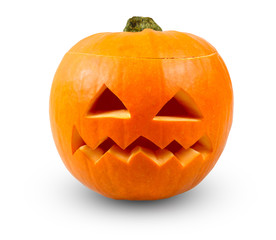 Scary Jack O Lantern halloween pumpkin isolated on white background