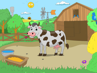 Cartoon cow in farm color book children vector