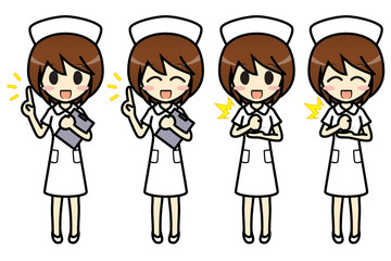 シンプルキャラクター　会話・表情イラスト集　看護師（スカート・ナースキャップ） 女性　要点・納得