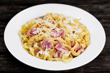 Pasta carbonara with tagliatelle spaghetti with bacon, egg york and Parmesan Cheese.