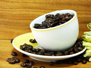 studio shot of coffee beans on wooden background still life