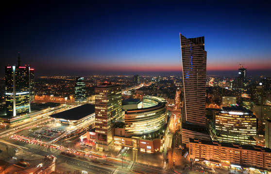Warsaw city center at sunset