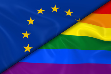 Fototapeta premium Flags of Gay Pride and the EU Divided Diagonally - 3D Render of the Gay Pride Rainbow Flag and the European Union Flag with Silky Texture