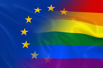 Gay Pride in Europe Concept Image - Gay Pride Rainbow Flag and the European Union Flag Fading Together