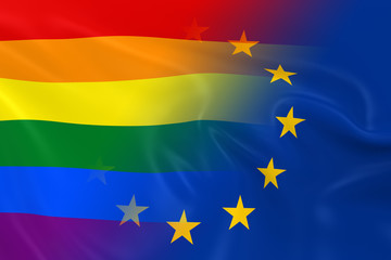 Gay Pride in Europe Concept Image - Gay Pride Rainbow Flag and the European Union Flag Fading Together