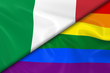 Flags of Gay Pride and Italy Divided Diagonally - 3D Render of the Gay Pride Rainbow Flag and the Italian Flag with Silky Texture