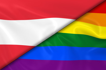Flags of Gay Pride and Austria Divided Diagonally - 3D Render of the Gay Pride Rainbow Flag and the Austrian Flag with Silky Texture