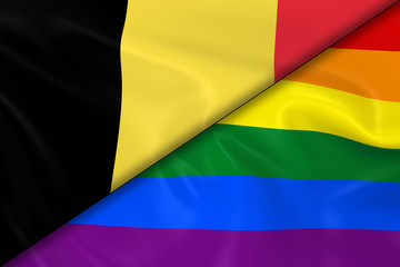 Flags of Gay Pride and Belgium Divided Diagonally - 3D Render of the Gay Pride Rainbow Flag and the Belgian Flag with Silky Texture