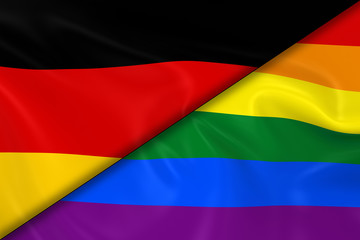 Fototapeta premium Flags of Gay Pride and Germany Divided Diagonally - 3D Render of the Gay Pride Rainbow Flag and the German Flag with Silky Texture