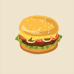 Burger and a set of salad, tomatoes, cheese, onions, cutlets