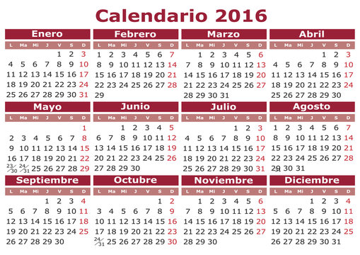 Calendar 2016. Spanish 2016 calendar