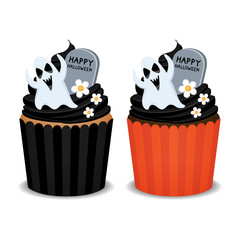 Halloween cupcakes with ghost and flowers. Cute cupcakes for the Halloween party, vector illustration.
