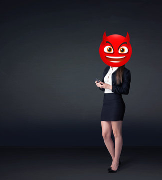 businesswoman wears devil smiley face