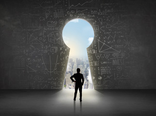 Obraz premium Business man looking at keyhole with bright cityscape concept