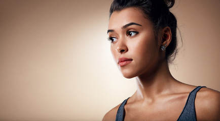 close-up portrait of beautiful brunette mixed race girl. Beauty woman over isoleted background,...